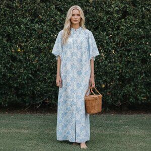 NWT LILLOU Floral Maxi Dress Sz S  Full Button Cottage Regency French Toile